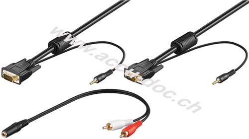 Full HD SVGA-Monitorkabel mit Audioleitung, 3 m, Schwarz - mit 2x 3,5-mm-Audioleitung (stereo) und 3,5-mm-Adapter > 2x Cinchstecker (audio) 