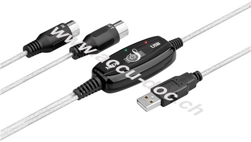 USB MIDI Konverter, Transparent, 1.5 m - USB 2.0-Stecker (Typ A) > Mini-DIN 5-Stecker (MIDI) + Mini-DIN 5-Stecker (MIDI) 