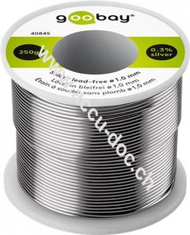 Lötzinn bleifrei, ø 1,0 mm, 250 g - Zusammensetzung: 0,3 % Silber, 0,7 % Kupfer, 99 % Zinn, Flussmittelanteil: 2,5 %, Schmelzpunkt 217° C 