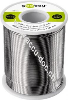 Lötzinn bleifrei, ø 1,0 mm, 500 g - Zusammensetzung: 0,3 % Silber, 0,7 % Kupfer, 99 % Zinn, Flussmittelanteil: 2,5 %, Schmelzpunkt 217° C 