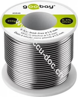 Lötzinn bleifrei, ø 1,5 mm, 250 g - Zusammensetzung: 0,3 % Silber, 0,7 % Kupfer, 99 % Zinn, Flussmittelanteil: 2,5 %, Schmelzpunkt 217° C 