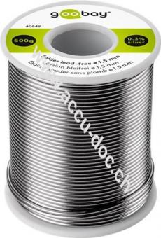 Lötzinn bleifrei, ø 1,5 mm, 500 g - Zusammensetzung: 0,3 % Silber, 0,7 % Kupfer, 99 % Zinn, Flussmittelanteil: 2,5 %, Schmelzpunkt 217° C 