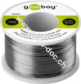 Lötzinn bleifrei, ø 0,56 mm, 100 g - Zusammensetzung: 0,3 % Silber, 0,7 % Kupfer, 99 % Zinn, Flussmittelanteil: 2,5 %, Schmelzpunkt 217° C 
