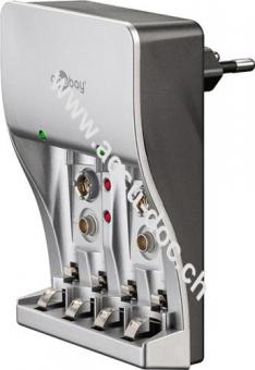Plug-in Batterie-Ladegerät, Schwarz - lädt bis zu 4x Micro (AAA) oder Mignon (AA) und 2x 9-V-Block 