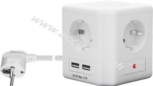 Steckdosenwürfel 4-fach mit Schalter und USB, Weiß, 1.5 m - bis zu 2x USB-Geräte und 4x Elektrogeräte anschließbar 
