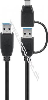 USB 3.0 Kabel mit 1 USB A auf USB-C™-Adapter, schwarz, 2 m - USB 3.0-Stecker (Typ A) > USB 3.0-Stecker (Typ A) 
