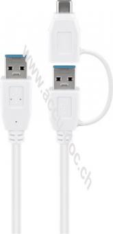 USB 3.0 Kabel mit 1 USB A auf USB-C™-Adapter, weiß, 3 m - USB-Stecker (Typ A) > USB-C™-Stecker 