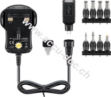 UK - 3 V - 12 V Universal-Netzteil, 0.6 A, Schwarz, 1.8 m - inkl. 1 USB- und 8 DC-Adapter - max. 7,2 W und 0,6 A 