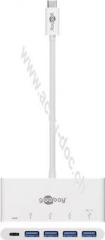 USB-C™ Hub 3.0, PD, weiß, 0.15 m - erweitert ein USB-C™ Gerät um vier USB 3.0-Anschlüsse 