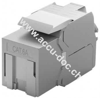 Keystone Modul RJ45 CAT 6A, STP, mit Staubschutzblende, Silber - 15,8 mm Breite, Krokodil-Typ, Klemmleiste für LSA Montage (werkzeugfrei) 