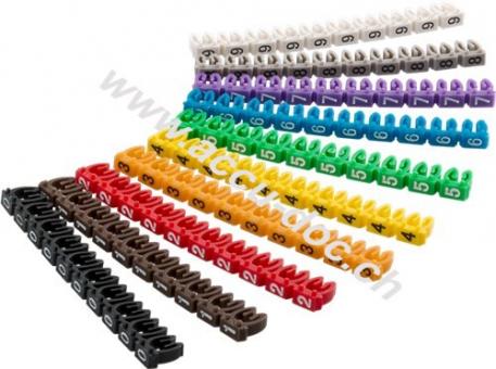 Kabelmarker-Clips ''Ziffern 0-9'', für Kabeldurchmesser von 2,8 - 4,6 mm, 2.5 mm - farbige Kennzeichnungsringe 10x 10 Stück zum Markieren von Kabeln mit einem Aderquersch 